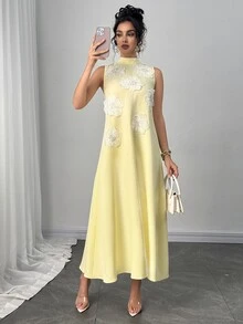 Modelyn Women's Fashion Elegant Luxury Heavy Work 3D Floral Loose Pale Yellow Long A-Line Dress - Butter Yellow - View 4