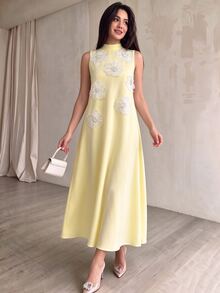 Modelyn Women's Fashion Elegant Luxury Heavy Work 3D Floral Loose Pale Yellow Long A-Line Dress - Butter Yellow - View 1