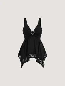 Elnivra Women Contrast Lace Decorated Heart Shaped And Floral Splicing Tank Top Y2K  - Black - View 5