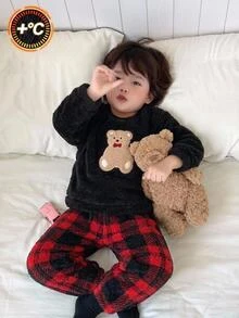 Cozy Pixies 2件組嬰兒男孩女孩秋冬休閒百搭毛茸茸可愛卡通熊設計長袖居家服套裝，適合室內、戶外滑雪、日常、運動、玩耍、派對、拍照、假期、萬聖節、聖誕節、聖誕禮物、新年、聖徒節 - 黑色 - 查看 9