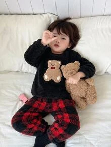 Cozy Pixies 2件組嬰兒男孩女孩秋冬休閒百搭毛茸茸可愛卡通熊設計長袖居家服套裝，適合室內、戶外滑雪、日常、運動、玩耍、派對、拍照、假期、萬聖節、聖誕節、聖誕禮物、新年、聖徒節 - 黑色 - 查看 1