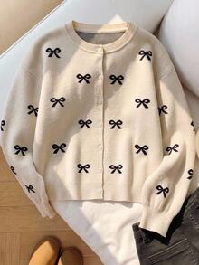 SHEIN Tween Girl Apricot Bow Jacquard Button Front Long Sleeve Knit Sweater Cardigan With Ribbed Cuffs, Preppy Fall Tops Sweaters Winter Cozy Sweet Campus - Apricot - View 1