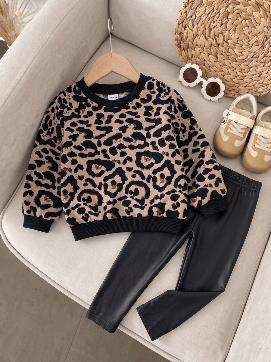 SHEIN Baby Girl Baby Girl Knit Leopard Print Loose Casual Minimalist Comfortable Crew Neck Pullover Sweatshirt And Long Pants 2 Pieces Set - Multicolor - View 1