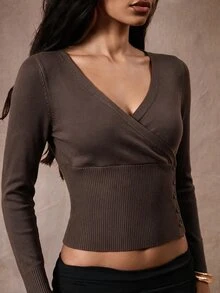 Opulessa Women's Autumn/Winter Casual Solid Color Wrap Knit Top - Brown - View 3