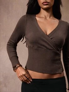 Opulessa Women's Autumn/Winter Casual Solid Color Wrap Knit Top - Brown - View 7