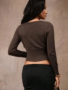 Opulessa Women's Autumn/Winter Casual Solid Color Wrap Knit Top - Brown - View 2