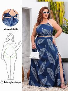 Wellenrocha Plus Size Women's Leaf Print Cami Top And Split Hem Skirt Two Pieces Set, Holiday Outfits Boho, For Pear And Triangle Body Shape - Navy Blue - View 1