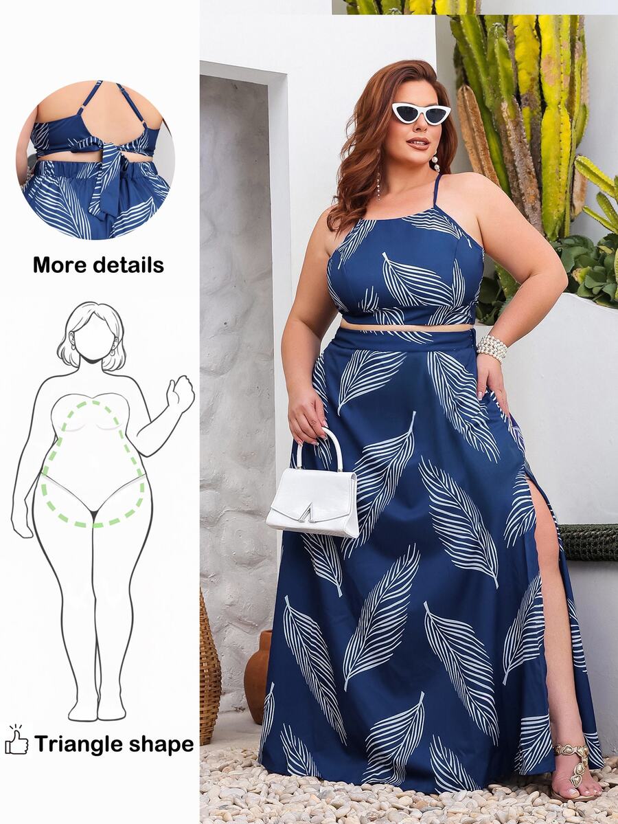 Wellenrocha Plus Size Women's Leaf Print Cami Top And Split Hem Skirt Two Pieces Set, Holiday Outfits Boho, For Pear And Triangle Body Shape - Navy Blue - View 1