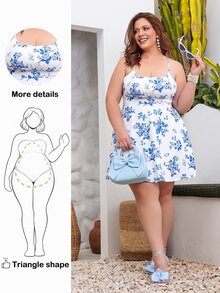 Wellenrocha 女士大码印花露背吊带A字迷你连衣裙，适合秋冬季度假、派对和叠穿，沙滩裙、波西米亚风假日装扮，适合梨形和三角形身材 - 藍白色 - 查看 1