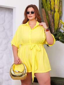 Wellenrocha Plus Size Women's Light Yellow Summer Romper, Smart Casual Elegant Short Sleeve Drop Shoulder Pocket Rompers, Holiday Vacation Beach Formal Wear - Yellow - View 6