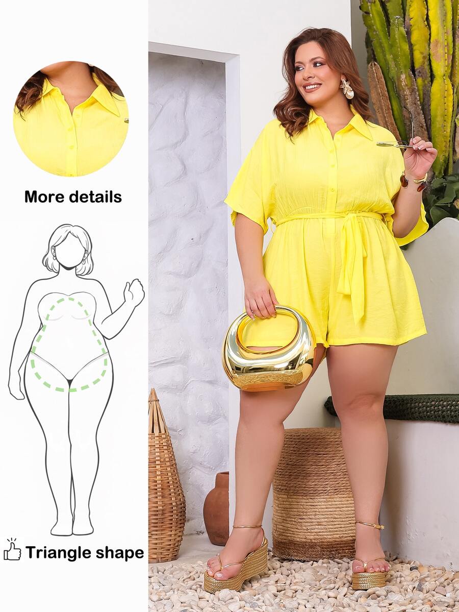Wellenrocha Plus Size Women's Light Yellow Summer Romper, Smart Casual Elegant Short Sleeve Drop Shoulder Pocket Rompers, Holiday Vacation Beach Formal Wear