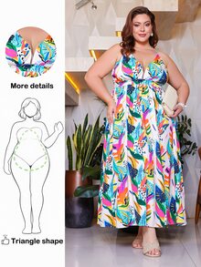 Wellenrocha Women's Plus Size Tropical Floral Print Spaghetti Strap Backless Maxi Dress,White Summer Boho Beach Holiday Vacation Resort Wear For Triangle Body - Multicolor - View 2