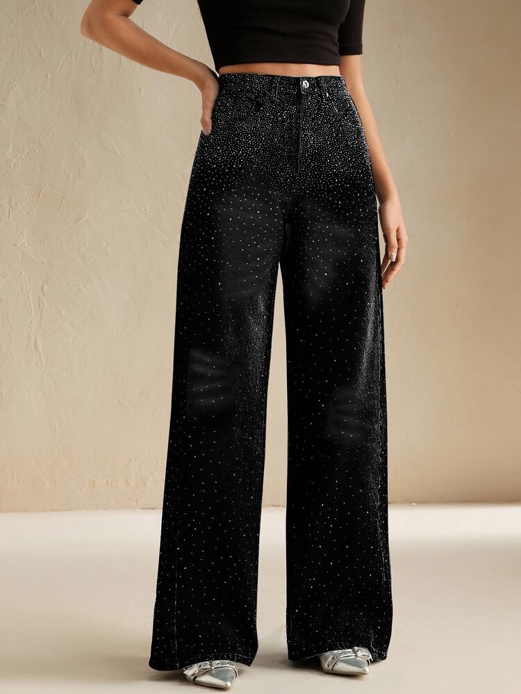 Anewsta Tall Quần jeans nữ ống rộng dáng suông đính đá phong cách thường ngày cho phụ nữ cao - màu đen - Xem 3
