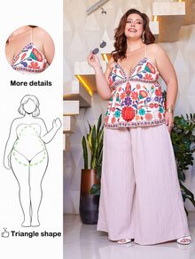 Wellenrocha Plus Size Women's Beige Summer Boho Vacation Holiday Floral Print Camisole,Spaghetti Strap Tank Top For Pear & Triangle ,Peasant Beachwear - Multicolor - View 2