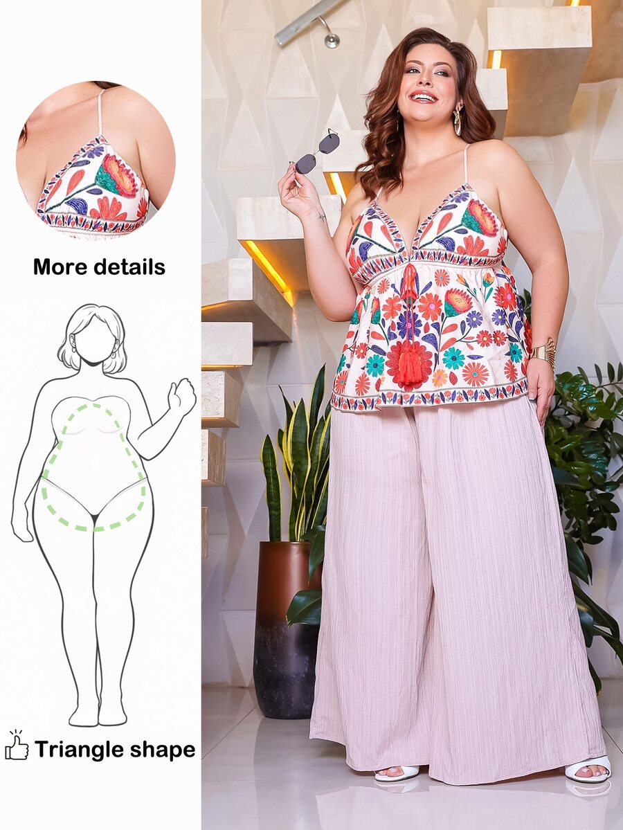 Wellenrocha Plus Size Women's Beige Summer Boho Vacation Holiday Floral Print Camisole,Spaghetti Strap Tank Top For Pear & Triangle ,Peasant Beachwear