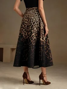 Anewsta Essential Urban Fashionable Light Luxury High-End Gradient Leopard Print A-Line Midi Skirt - Black - View 3