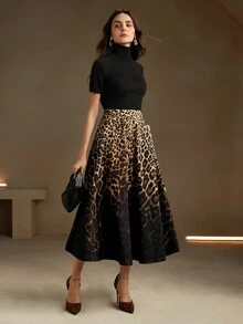Anewsta Essential Urban Fashionable Light Luxury High-End Gradient Leopard Print A-Line Midi Skirt - Black - View 8