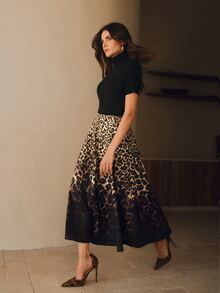 Anewsta Essential Urban Fashionable Light Luxury High-End Gradient Leopard Print A-Line Midi Skirt - Black - View 6