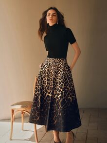 Anewsta Essential Urban Fashionable Light Luxury High-End Gradient Leopard Print A-Line Midi Skirt - Black - View 5