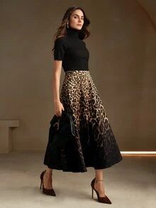Anewsta Essential Urban Fashionable Light Luxury High-End Gradient Leopard Print A-Line Midi Skirt - Black - View 9