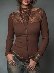 Freevana Ribbed LongSleeve Top With Lace Trimmed Neckline, Delicate Crochet Yoke For Sophisticated Layering Fall - Coffee Brown - View 3