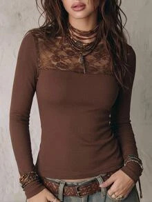 Freevana Ribbed LongSleeve Top With Lace Trimmed Neckline, Delicate Crochet Yoke For Sophisticated Layering Fall - Coffee Brown - View 2