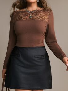 Freevana Ribbed LongSleeve Top With Lace Trimmed Neckline, Delicate Crochet Yoke For Sophisticated Layering Fall - Coffee Brown - View 5