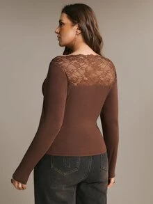 Freevana Ribbed LongSleeve Top With Lace Trimmed Neckline, Delicate Crochet Yoke For Sophisticated Layering Fall - Coffee Brown - View 8