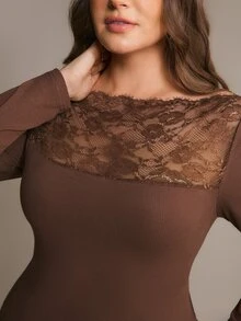 Freevana Ribbed LongSleeve Top With Lace Trimmed Neckline, Delicate Crochet Yoke For Sophisticated Layering Fall - Coffee Brown - View 9