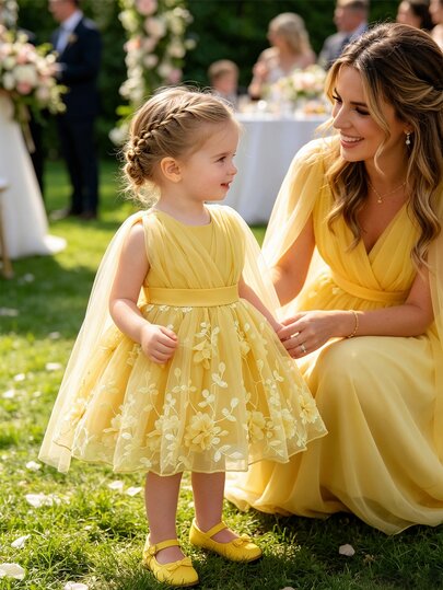 SHEIN Glamorique Kids Baby Girl Pastel Yellow Embroidered Mesh Dress 3D Floral Applique Shawl Flower Girl Princess Wedding 1st Birthday Evening Party Summer Cute Elegant