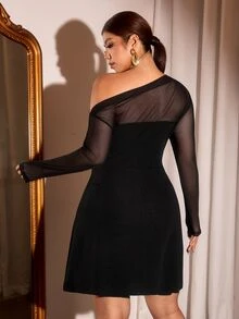 Cravure Plus Size Women's Mesh Patchwork Elegant Vintage Dress, Suitable For Casual Parties, Birthday Dates, Halloween Eve Fall - Black - View 2