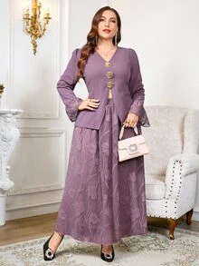 Reflora Plus Size Women 2 Pieces Set All-Season Wear Elegant Celestial Floral Mesh Patchwork Jacket And Skirt Set Wedding Birthday Graduation Formal Purple - Purple - View 2