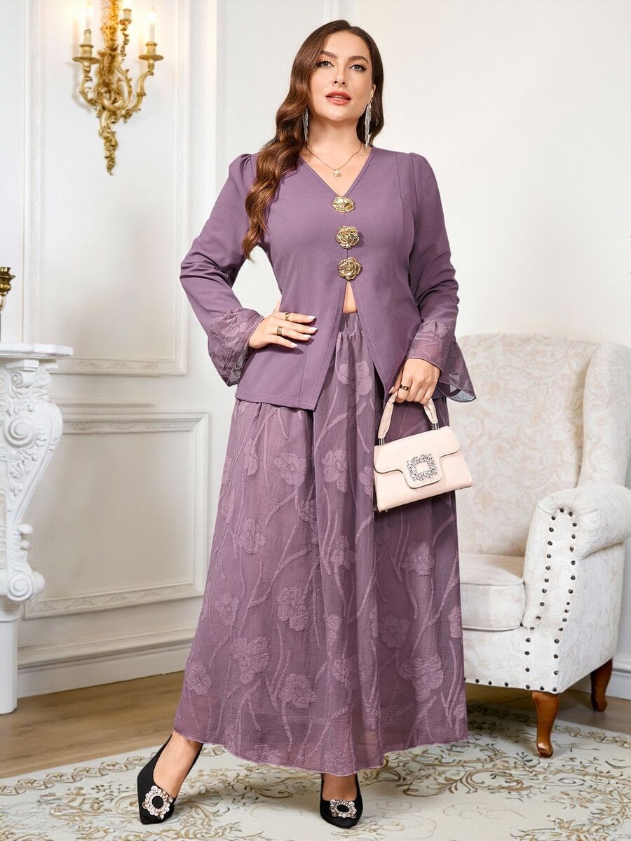Reflora Plus Size Women 2 Pieces Set All-Season Wear Elegant Celestial Floral Mesh Patchwork Jacket And Skirt Set Wedding Birthday Graduation Formal Purple