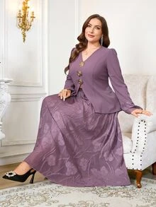 Reflora Plus Size Women 2 Pieces Set All-Season Wear Elegant Celestial Floral Mesh Patchwork Jacket And Skirt Set Wedding Birthday Graduation Formal Purple - Purple - View 7