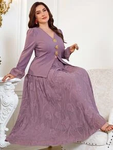 Reflora Plus Size Women 2 Pieces Set All-Season Wear Elegant Celestial Floral Mesh Patchwork Jacket And Skirt Set Wedding Birthday Graduation Formal Purple - Purple - View 8