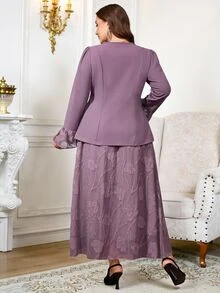 Reflora Plus Size Women 2 Pieces Set All-Season Wear Elegant Celestial Floral Mesh Patchwork Jacket And Skirt Set Wedding Birthday Graduation Formal Purple - Purple - View 3