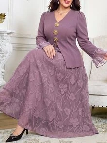 Reflora Plus Size Women 2 Pieces Set All-Season Wear Elegant Celestial Floral Mesh Patchwork Jacket And Skirt Set Wedding Birthday Graduation Formal Purple - Purple - View 5