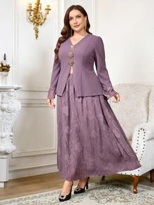Reflora Plus Size Women 2 Pieces Set All-Season Wear Elegant Celestial Floral Mesh Patchwork Jacket And Skirt Set Wedding Birthday Graduation Formal Purple - Purple - View 4