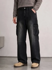 Manfinity Homme Men's Black Distressed Washed Cargo Denim Jeans, Multi-Pocket Loose Wide Leg Street Style Long Pants - Black - View 6