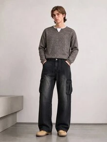 Manfinity Homme Men's Black Distressed Washed Cargo Denim Jeans, Multi-Pocket Loose Wide Leg Street Style Long Pants - Black - View 4