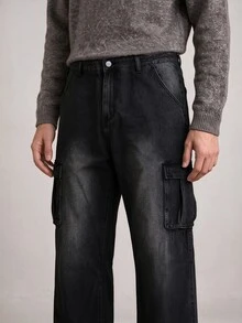 Manfinity Homme Men's Black Distressed Washed Cargo Denim Jeans, Multi-Pocket Loose Wide Leg Street Style Long Pants - Black - View 5