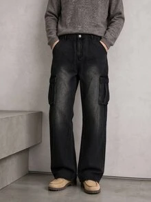 Manfinity Homme Men's Black Distressed Washed Cargo Denim Jeans, Multi-Pocket Loose Wide Leg Street Style Long Pants - Black - View 3