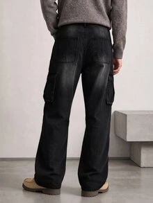 Manfinity Homme Men's Black Distressed Washed Cargo Denim Jeans, Multi-Pocket Loose Wide Leg Street Style Long Pants - Black - View 2