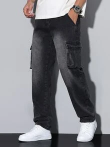 Manfinity Homme Men's Black Distressed Washed Cargo Denim Jeans, Multi-Pocket Loose Wide Leg Street Style Long Pants - Black - View 1