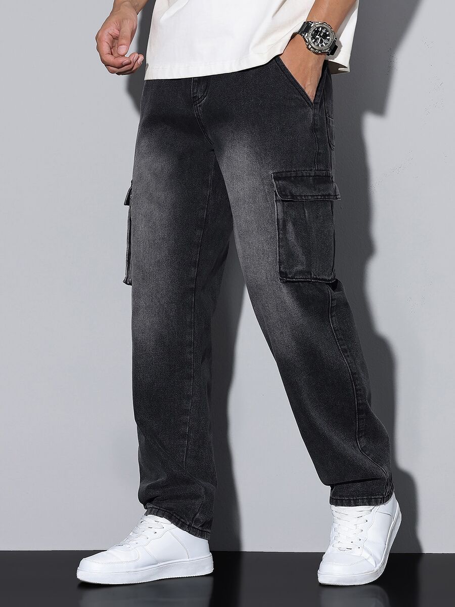 Manfinity Homme Men's Black Distressed Washed Cargo Denim Jeans, Multi-Pocket Loose Wide Leg Street Style Long Pants - Black - View 1