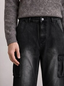 Manfinity Homme Men's Black Distressed Washed Cargo Denim Jeans, Multi-Pocket Loose Wide Leg Street Style Long Pants - Black - View 7