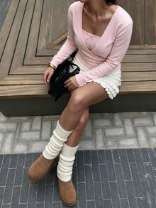 Autumina Y2K Pastel Pink Surplice Wrap V-Neck Cinched Waist Knit Cardigan, Slim Fit Long Sleeve Fake Two-Piec - Pink - View 5