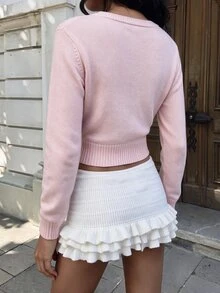 Autumina Y2K Pastel Pink Surplice Wrap V-Neck Cinched Waist Knit Cardigan, Slim Fit Long Sleeve Fake Two-Piec - Pink - View 2