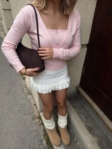 Autumina Y2K Pastel Pink Surplice Wrap V-Neck Cinched Waist Knit Cardigan, Slim Fit Long Sleeve Fake Two-Piec - Pink - View 3