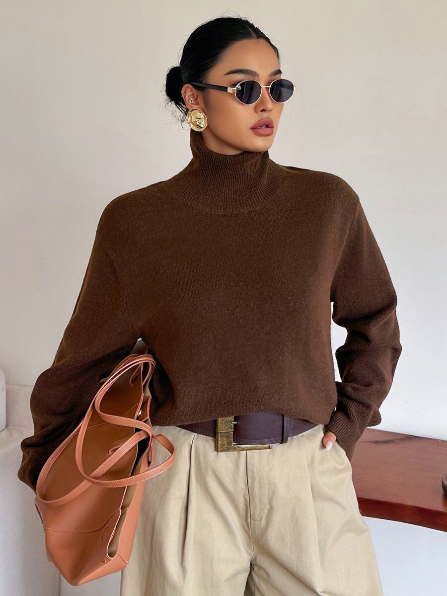 Dazy Plus Solid Color Business Casual Versatile Turtleneck Pullover Sweater, Autumn/Winter New Brown - Brown - View 1
